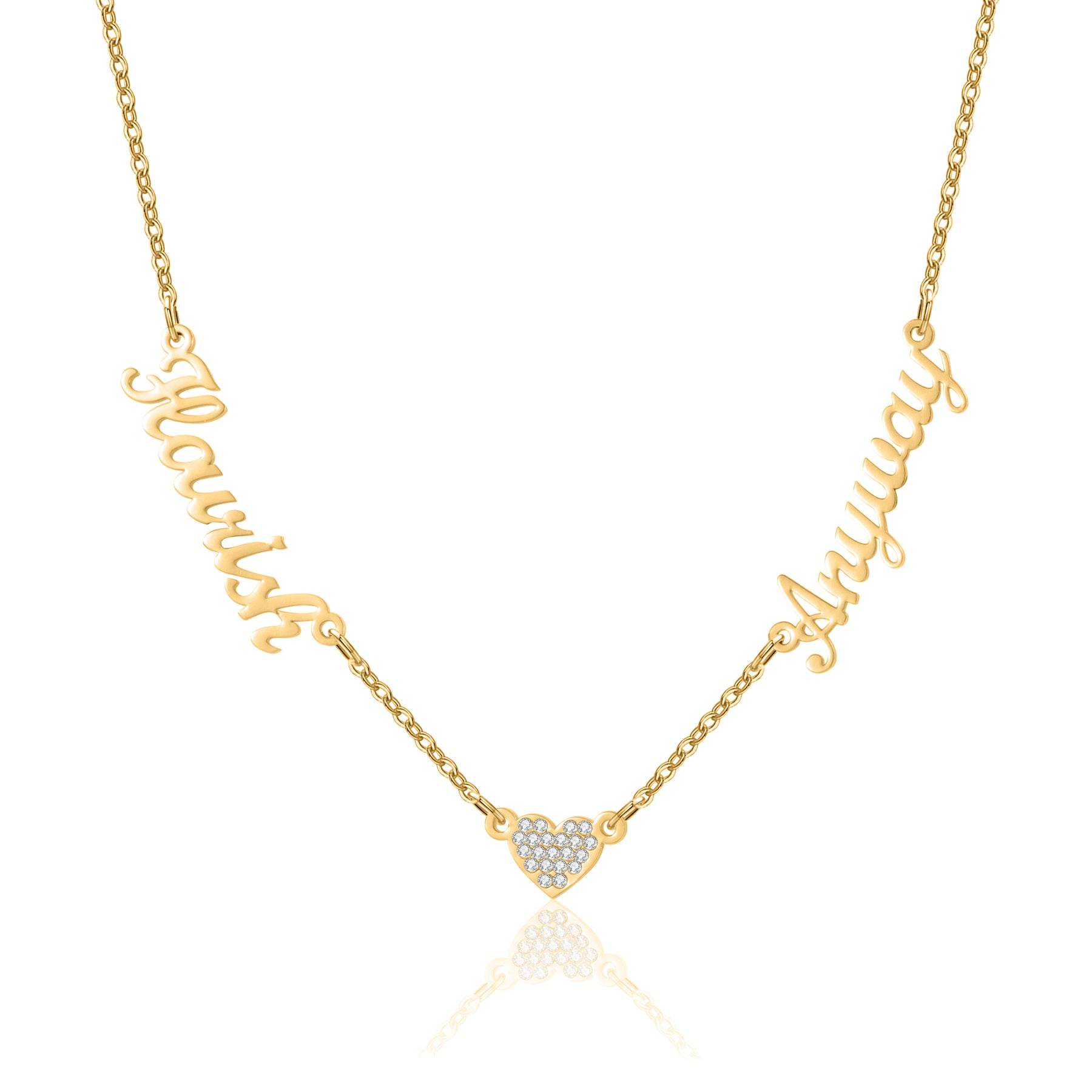 Collier personnalisé deux prénoms avec cœur en zircon doré - en français Talisma