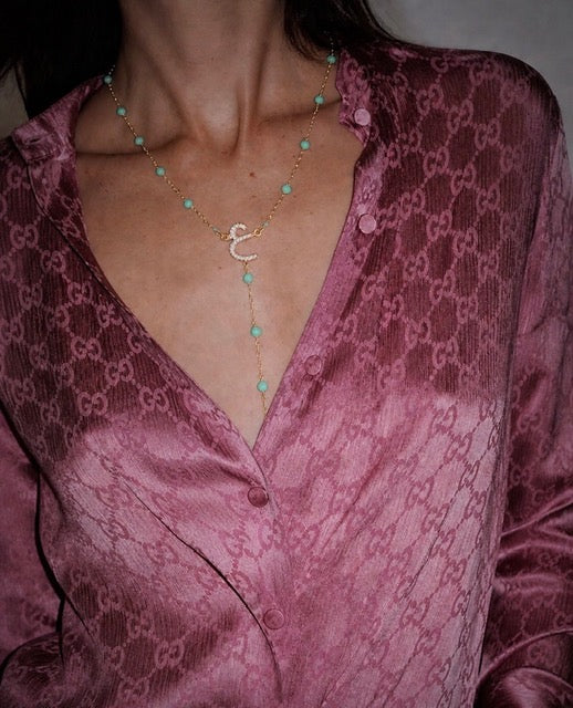 Collier Lariat Perles Turquoise Personnalisé — Calligraphie Arabe Acier Inoxydable