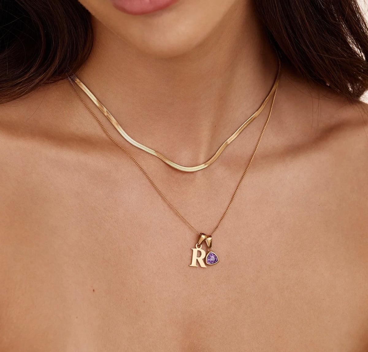 Collier initiale avec pierre de naissance - Acier inoxydable