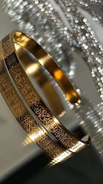 Bracelet jonc doré en acier inoxydable gravé en calligraphie arabe Ayat al-Kursi — Talisma