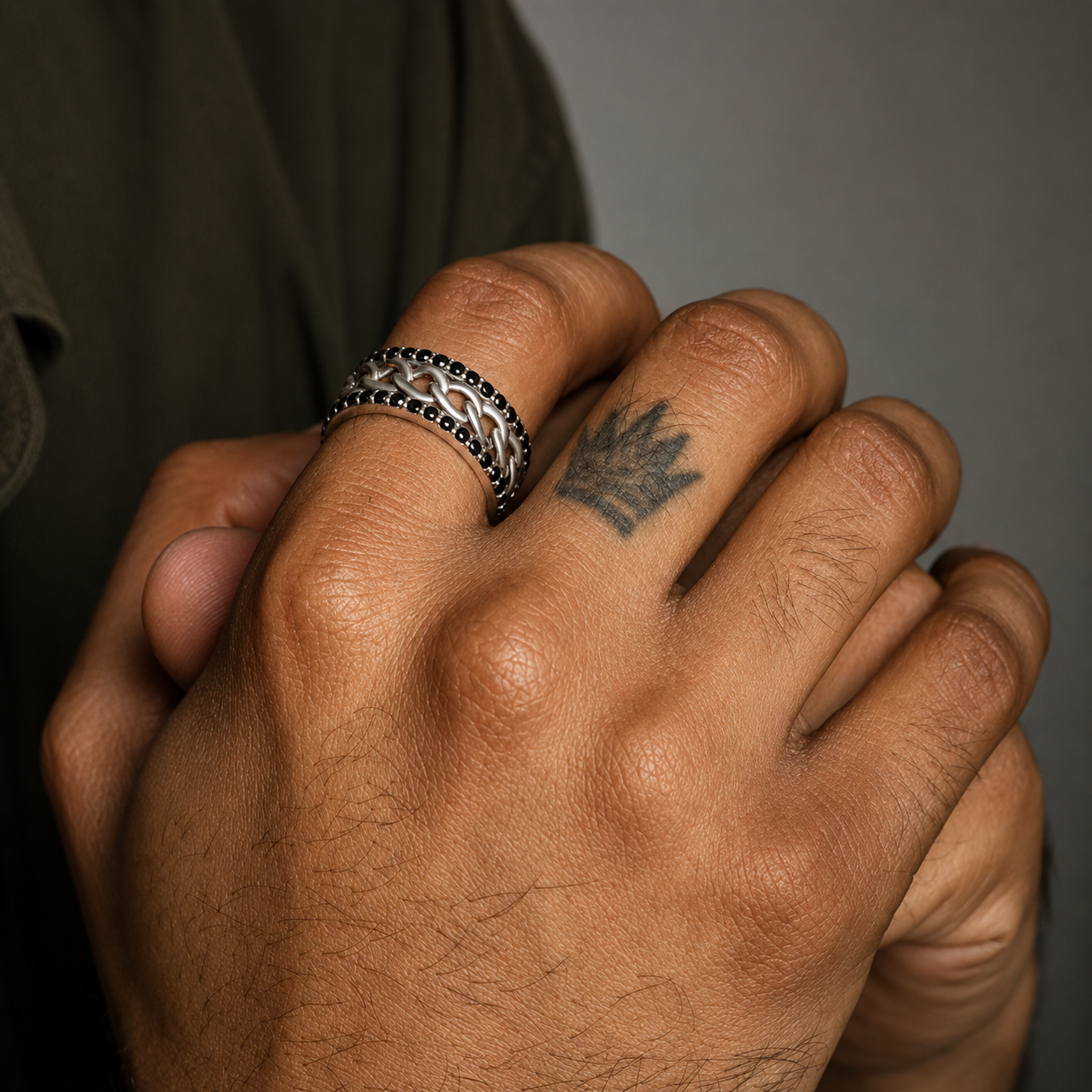 Bague Chaîne Noire — Gourmette & Zircons ( Argent Sterling 925)