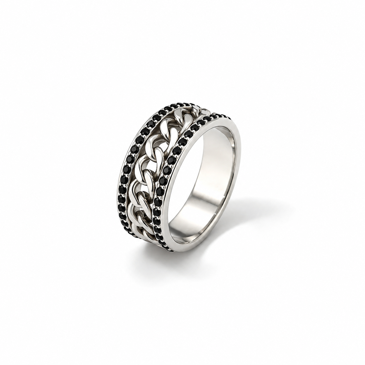 Bague Chaîne Noire — Gourmette & Zircons ( Argent Sterling 925)